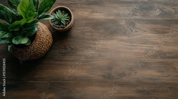 Fototapeta A Tranquil Scene Featuring a Single Pot of Green Plants on a Rustic Wooden Table for Your Calm Ambiance