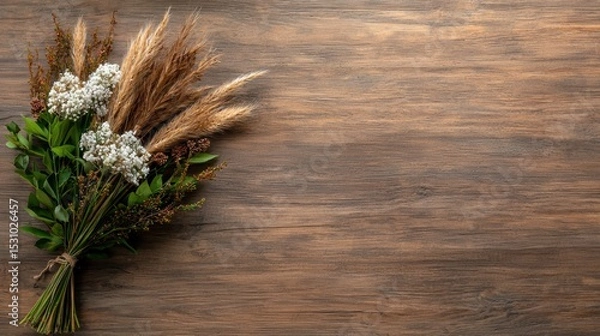 Fototapeta A Beautiful Bunch of Flowers Exquisitely Arranged on Natural Wooden Surface with Plenty of Space for Text