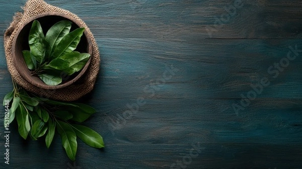 Fototapeta A Beautiful Arrangement of Fresh Aromatic Basil Leaves in a Unique Basket on Rustic Wooden Floor
