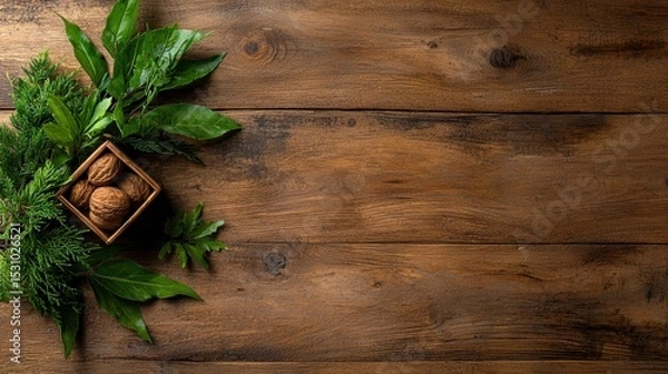 Fototapeta A Beautiful Wooden Table Displaying Fresh Herbs Perfect for Your Culinary Adventures