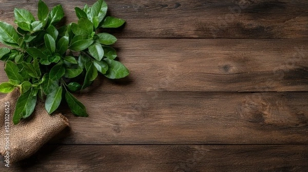 Fototapeta Fresh Green Leaves Arrangement on a Rustic Wooden Table with Space for Your Text Ideas and Concepts