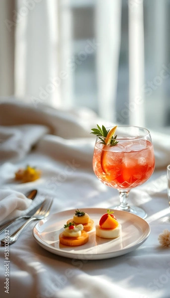 Fototapeta Elegant cocktail and gourmet appetizer on white linen, bathed in soft natural light.









