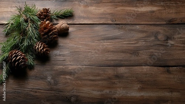 Fototapeta A Beautiful Arrangement of Pine Cones on Wooden Background with Space for Text and Unique Charm
