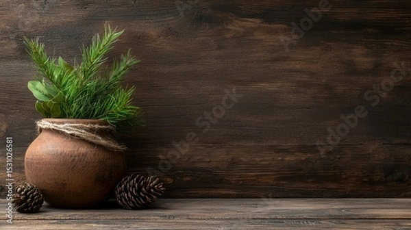 Fototapeta A Stunning Vase with a Lush Plant on a Wooden Table Perfect for Minimalist Decor and Text Placement