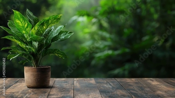 Fototapeta A Beautiful Green Plant in a Pot Perfectly Styled on Wooden Table with Space for Text