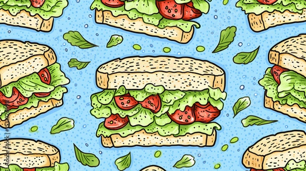 Fototapeta Delicious hand-drawn illustration of a tomato and lettuce sandwich, perfect for menu design, restaurant branding, or food blogs.  Repeatable pattern.