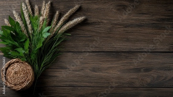 Fototapeta A Beautiful Bunch of Wheat Presenting on a Wooden Table with Room for Text Design