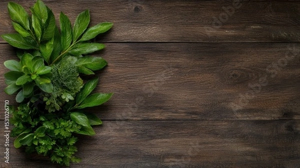 Fototapeta Fresh Green Leaves Beautifully Arranged on Wooden Surface with Space for Text on the Left Side