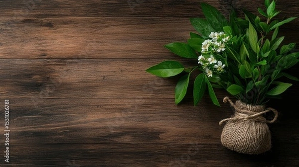 Fototapeta A Beautiful Vase of Flowers Gracefully Placed on a Wooden Table Perfectly Isolated for Text Inspiration