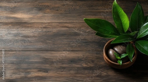 Fototapeta A Serene Plant in a Rustic Wooden Bowl on a Table Perfect for Minimalist Spaces and Creative Design