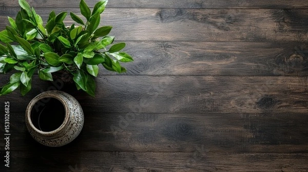 Fototapeta A Simple Yet Elegant Pot Plant on a Wooden Table Ready for Your Imagination
