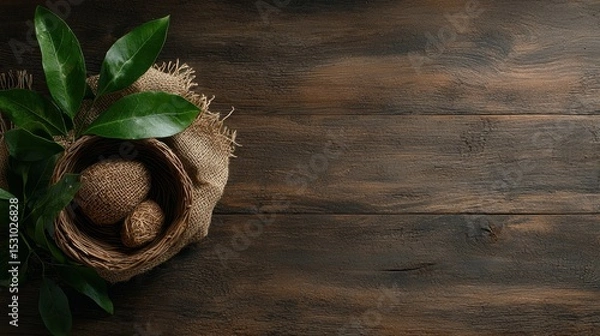 Fototapeta A Beautiful Vase Featuring a Lush Plant Perfectly Placed on a Rustic Wooden Table for Creative Branding