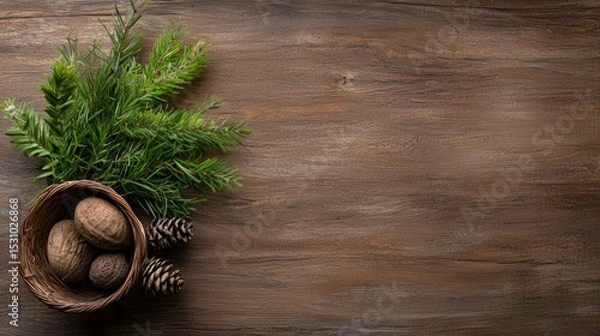 Fototapeta Captivating Green Leaves on a Wooden Floor Inviting Text Accommodation for Creative Projects