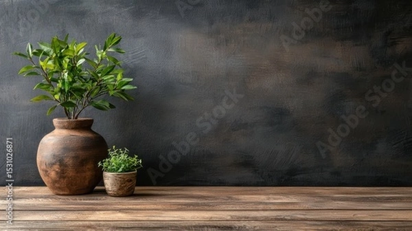 Fototapeta A Beautiful Potted Plant Set Against a Rustic Wooden Table with Ample Space for Your Text