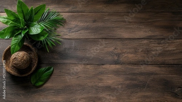 Fototapeta A Stunning Plant on a Natural Wooden Table with Blank Space for Text and a Touch of Nature
