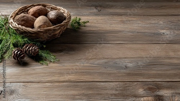 Fototapeta A Beautiful Basket of Fresh Mushrooms and Pine Branch Perfect for Your Nature Inspired Projects