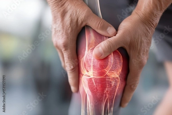 Obraz Senior man suffering from knee pain, futuristic x-ray illustration highlighting affected area
