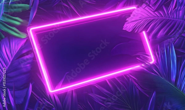 Fototapeta Vibrant neon pink rectangular frame surrounded by lush, purple-hued tropical leaves, creating a trendy, modern backdrop.