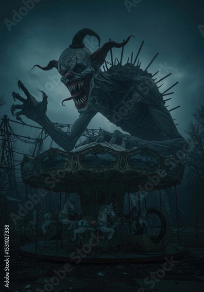 Fototapeta Giant monster clown in dark abandoned theme park