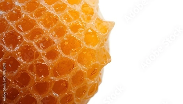 Obraz Macro shot of fresh honeycomb with glistening honey, isolated on white background, soft shadows