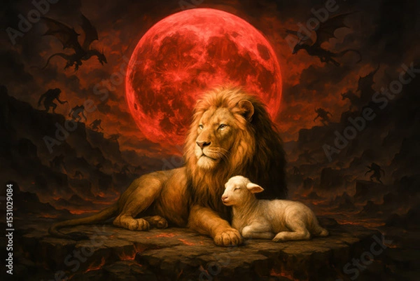 Obraz Lion and Lamb Before Blood Moon Surrounded by Demons – Biblical End Times Symbol of Peace, Power, and Revelation Prophecy