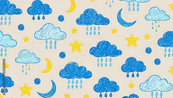 Obraz Whimsical Hand-Drawn Cloud and Celestial Pattern – Playful Stars, Moons, and Rain on Beige Background