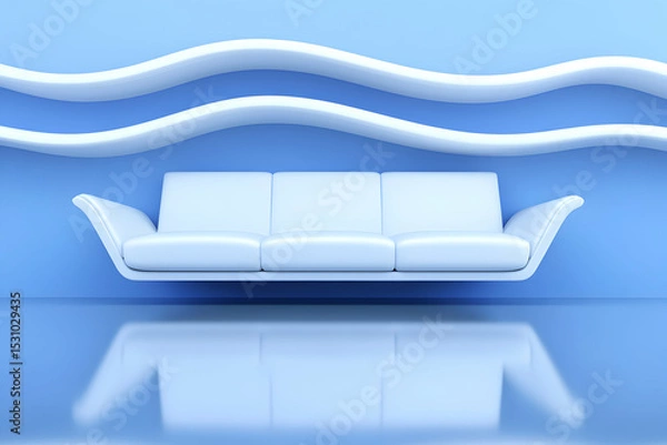 Fototapeta Modern minimalist light blue sofa in a room with wavy shelves. Perfect for interior design, home decor, and relaxation concepts.