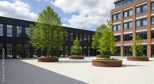 Obraz Architectural Harmony and Serenity Green Trees Flourishing in Urban Courtyard with Modern Buildings and Open Space Design on Sunny Day