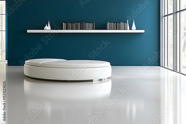 Fototapeta Modern minimalist interior design featuring a sleek white circular seating element against a teal wall, complemented by a floating shelf with books and vases.