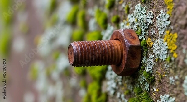 Obraz Close Up Shot of Rusting Bolt With Moss and Lichen Growing on Wood Surface in Nature Environment During Daytime