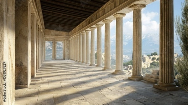 Fototapeta Ancient Greek Colonnade with Mountain View
