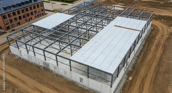 Fototapeta Steel Structure Construction Aerial View of New Building Project Development Foundation and Metal Framework Elements Composition on a Cloudy Day