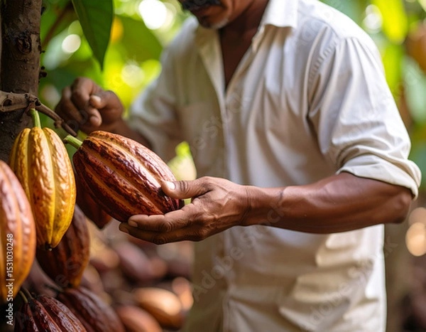 Obraz From a distance, a farmer is harvesting cacao in the garden, natural background and soft light.