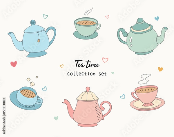 Fototapeta Tea cup and teapot cute doodles illustration collection set. Isolated vector of tea time objects in pastel color. For material, asset, decoration, sticker, book, design, element