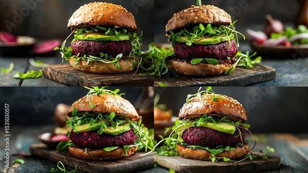 Fototapeta Four variations of a beet burger, each on a toasted bun with fresh greens and avocado