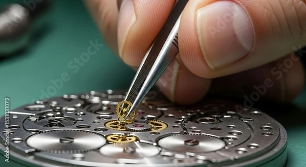 Obraz Intricate Watch Assembly Precision Craftsmanship Micro Mechanics Fine Motor Skills Delicate Operations Professional Watchmaker Assembling Timepiece Gears Clockwork Intricacies