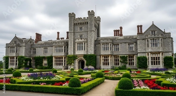 Obraz Exploring the Majestic Stonework Grandeur of an English Countryside Estate A Glimpse into Architectural History and Serene Landscape Design