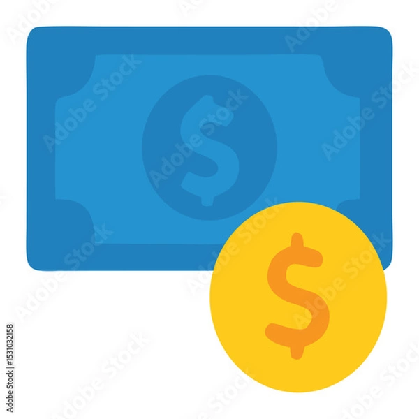 Obraz Banking services icon with blue bill and gold coin. Suitable for financial websites, apps, presentations, and educational materials.