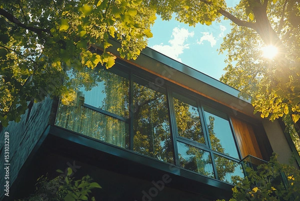Fototapeta View from below of the second floor of a modern country house with large panoramic windows and dark frames. Generated by artificial intelligence