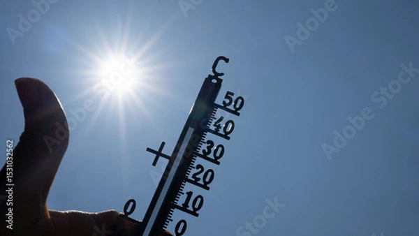 Obraz Hot weather, global climate change concept - Heat wave / Summer heat temperature celsius background banner long - Thermometer blue sky and sun rays