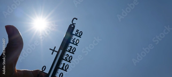 Obraz Hot weather, global climate change concept - Heat wave / Summer heat temperature celsius background banner long - Thermometer blue sky and sun rays