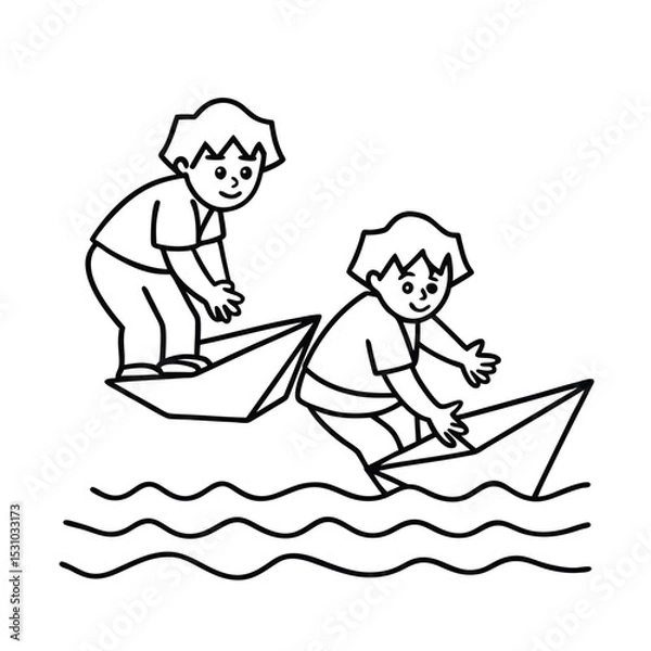 Fototapeta Two children enjoying a playful adventure sailing on paper boats in monochrome outline art