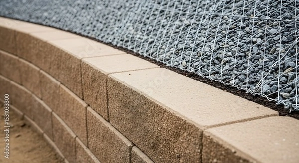 Obraz Elevated Landscaping Retaining Wall System with Gravel Backfill Providing Structural Support and Erosion Control for Soil Stability Management