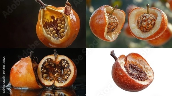 Fototapeta Four close-up views of halved, dried fruit