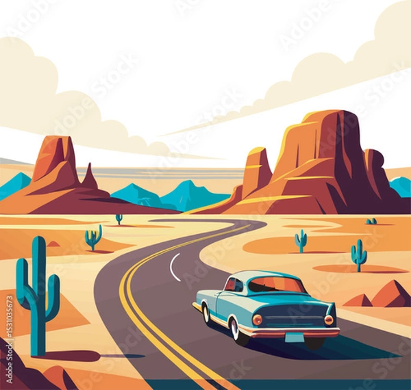 Obraz Illustrations depicting vintage cars driving on winding desert roads amidst striking rock formations and cacti, rendered in a flat, stylized aesthetic