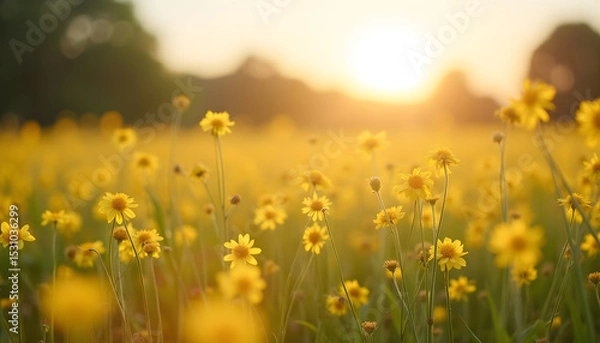 Fototapeta Yellow wildflowers blooming in a cheerful mood under the sunset in a grassy field