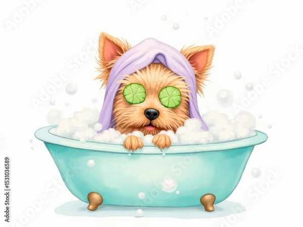 Fototapeta A charming Yorkshire Terrier hides in a bathtub filled with fluffy bubbles, with only its adorable ears peeking out from under a towel.