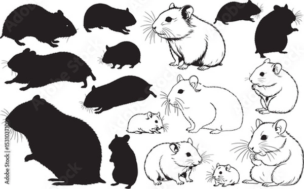 Fototapeta Hamster Silhouettes – Solid Black & Outline Vector Set
