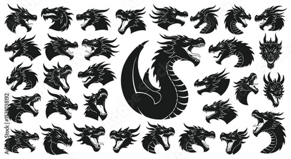 Obraz Collection of Dragon Head Illustrations Various Styles Depicting Dragons Mythical Creatures and Fantasy Art