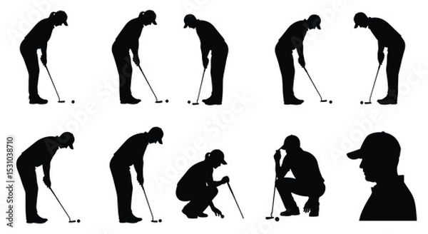 Obraz Silhouettes Of Golf Players Depicting Different Positions On The Field On White Background